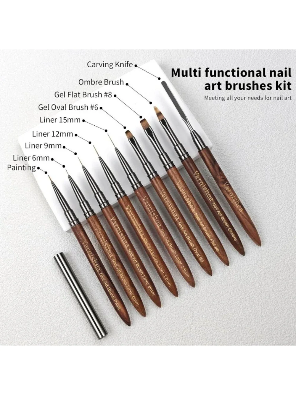 9Pcs Professional Nail Art Brushes Set - Sandalwood Handle, Gel Polish & Dotting